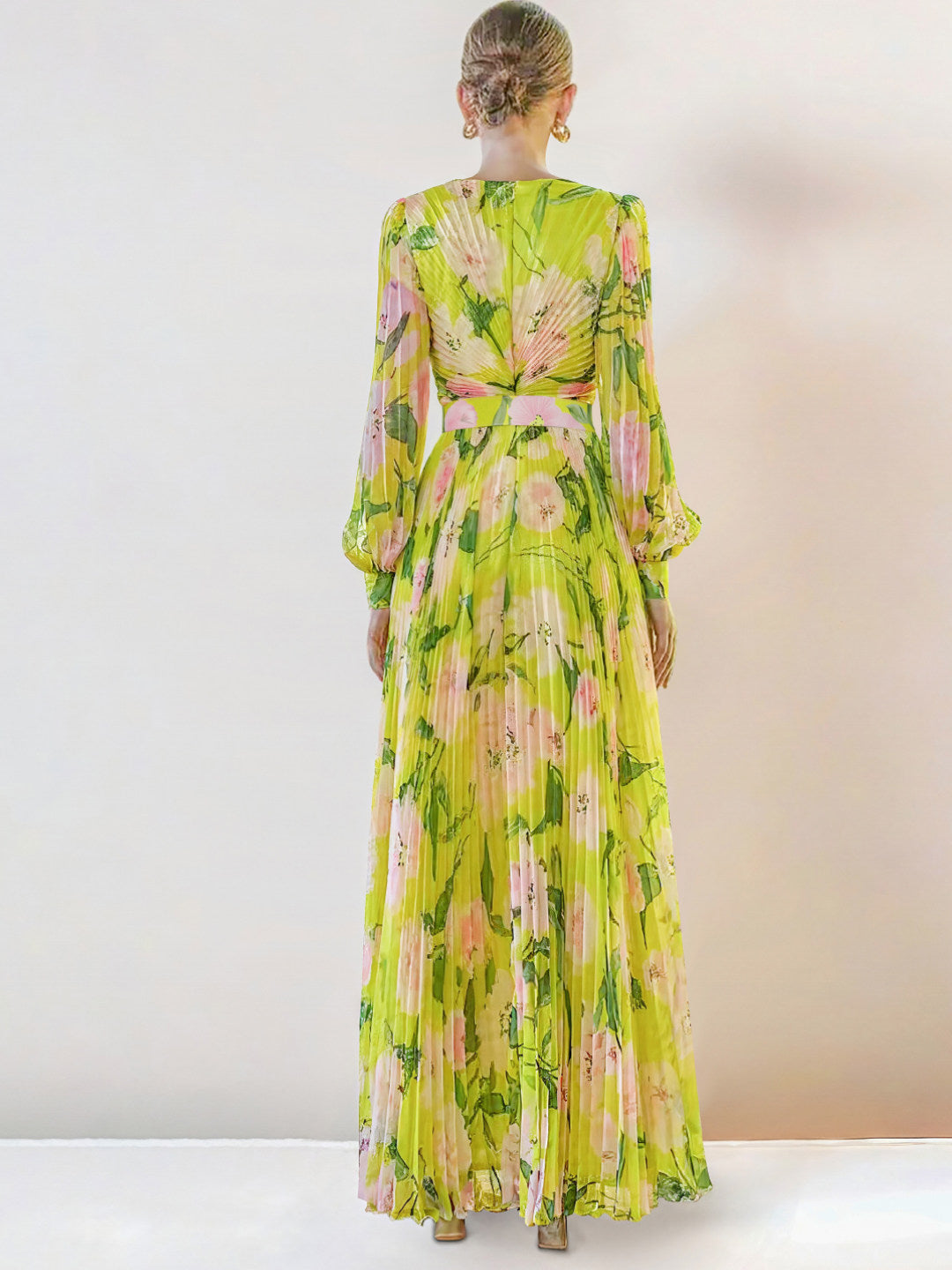 Yellow Floral Long Sleeves Pleated Patterned Dress Flowering Girl