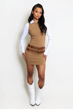 Double Belted Round Neck Mini Dress Flowering Girl