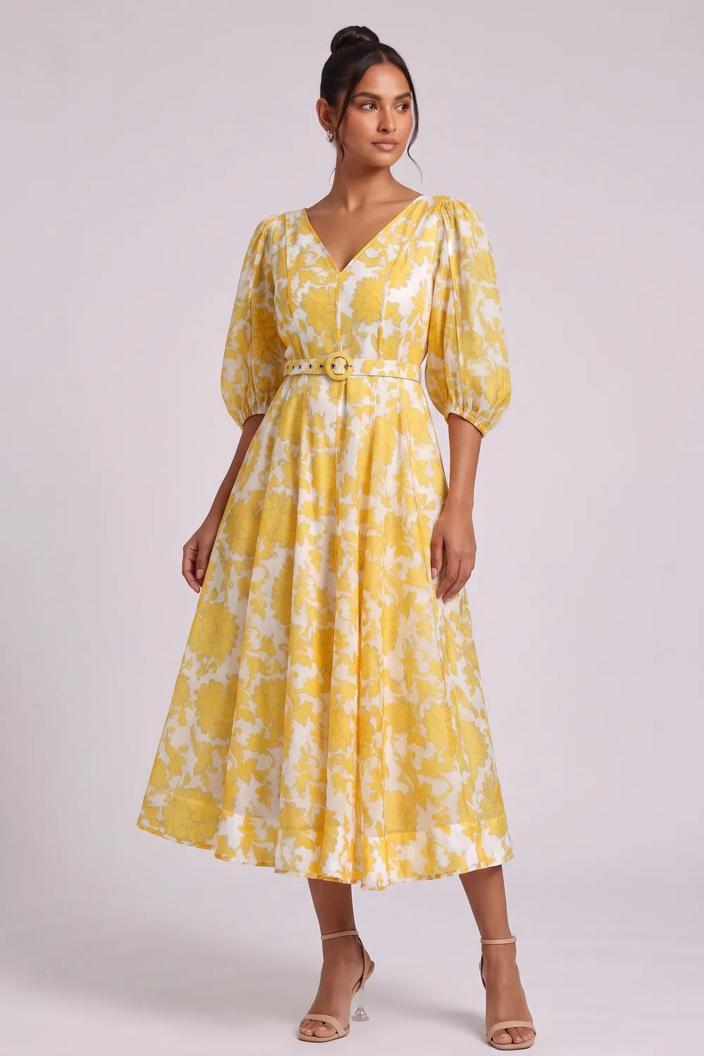 Yellow Floral Midi Dress with Belt Flowering Girl