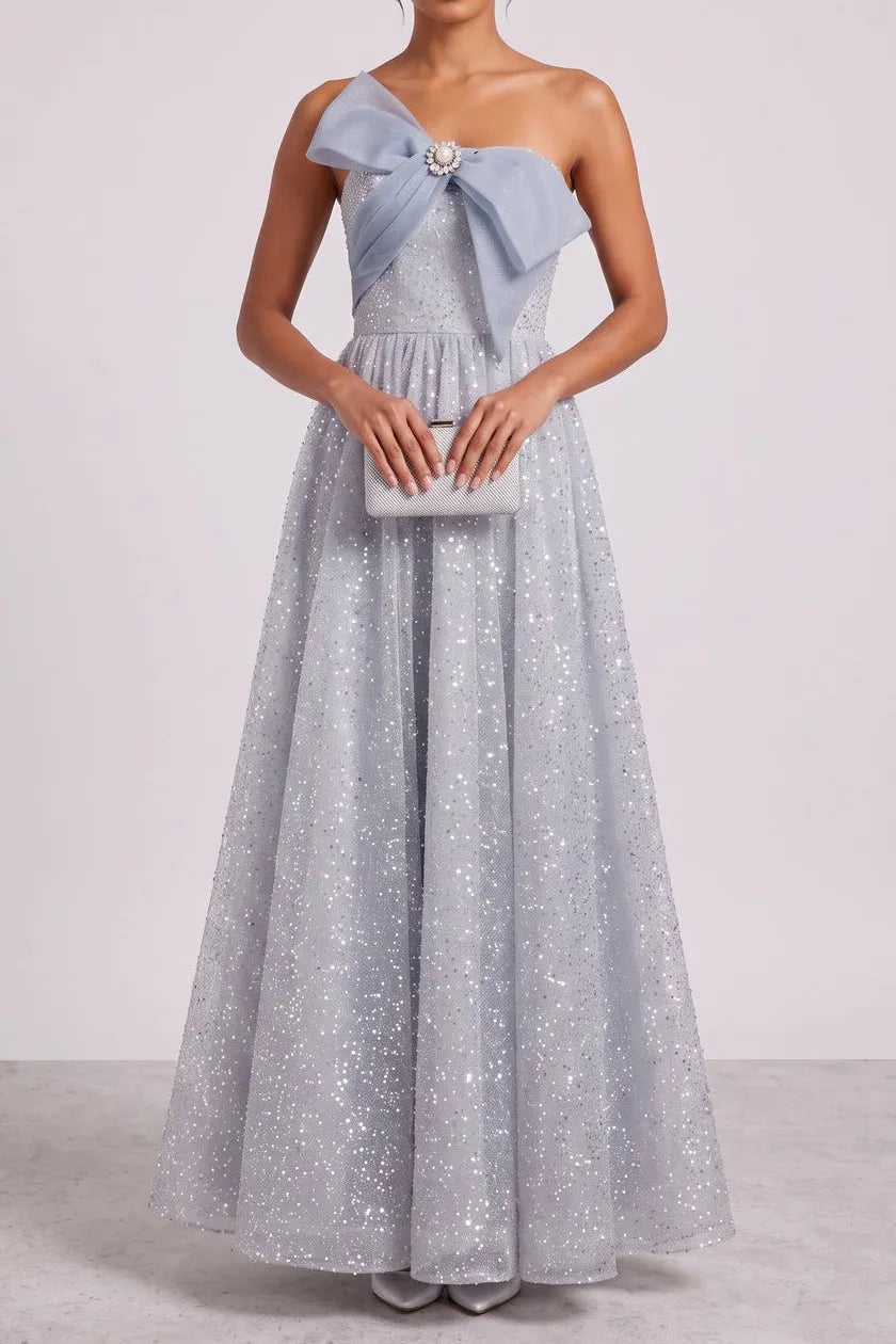 Silver-Blue Glitter Tulle A-Line Evening Gown Flowering Girl