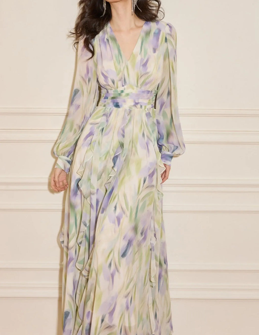 Rachel Multicolor v-Neck Floral Print Lantern Sleeve Maxi Dress Flowering Girl