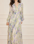 Rachel Multicolor v-Neck Floral Print Lantern Sleeve Maxi Dress Flowering Girl