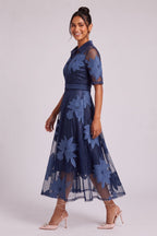 Navy Blue Sheer Organza A-Line Midi Dress with Floral Embroidery Flowering Girl