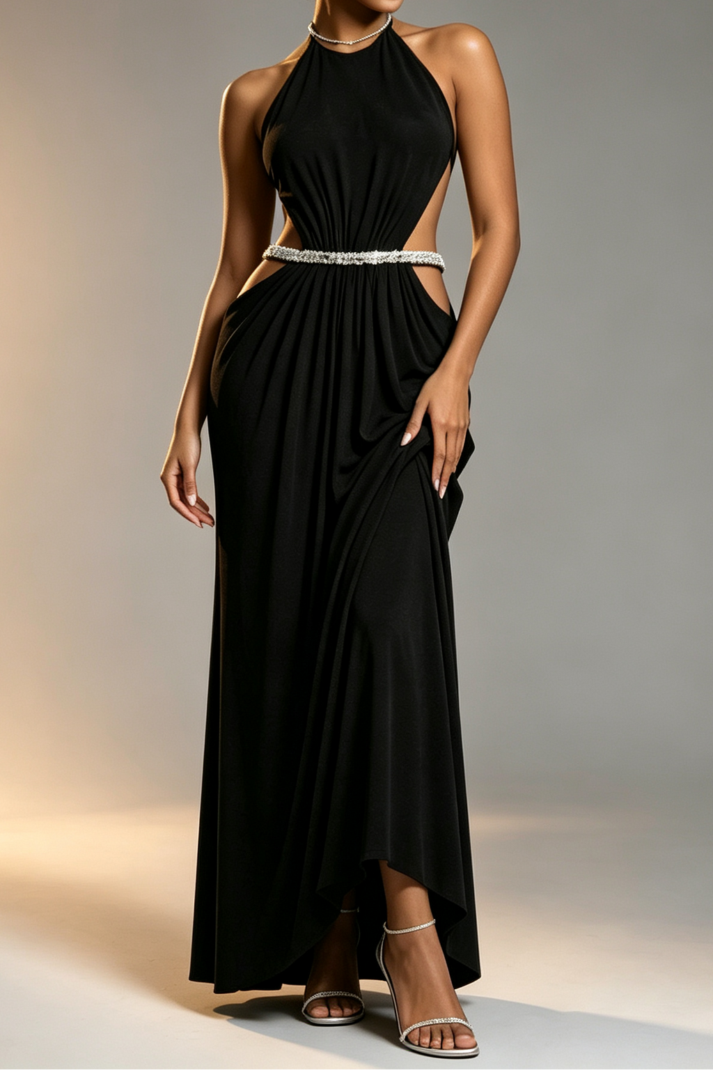 Black High Rhinestone Halter Double Crystal Band Side Waist Cutout Ruched Draped Mermaid Floor Length Formal Dress Flowering Girl