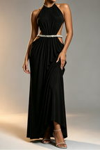 Black High Rhinestone Halter Double Crystal Band Side Waist Cutout Ruched Draped Mermaid Floor Length Formal Dress Flowering Girl