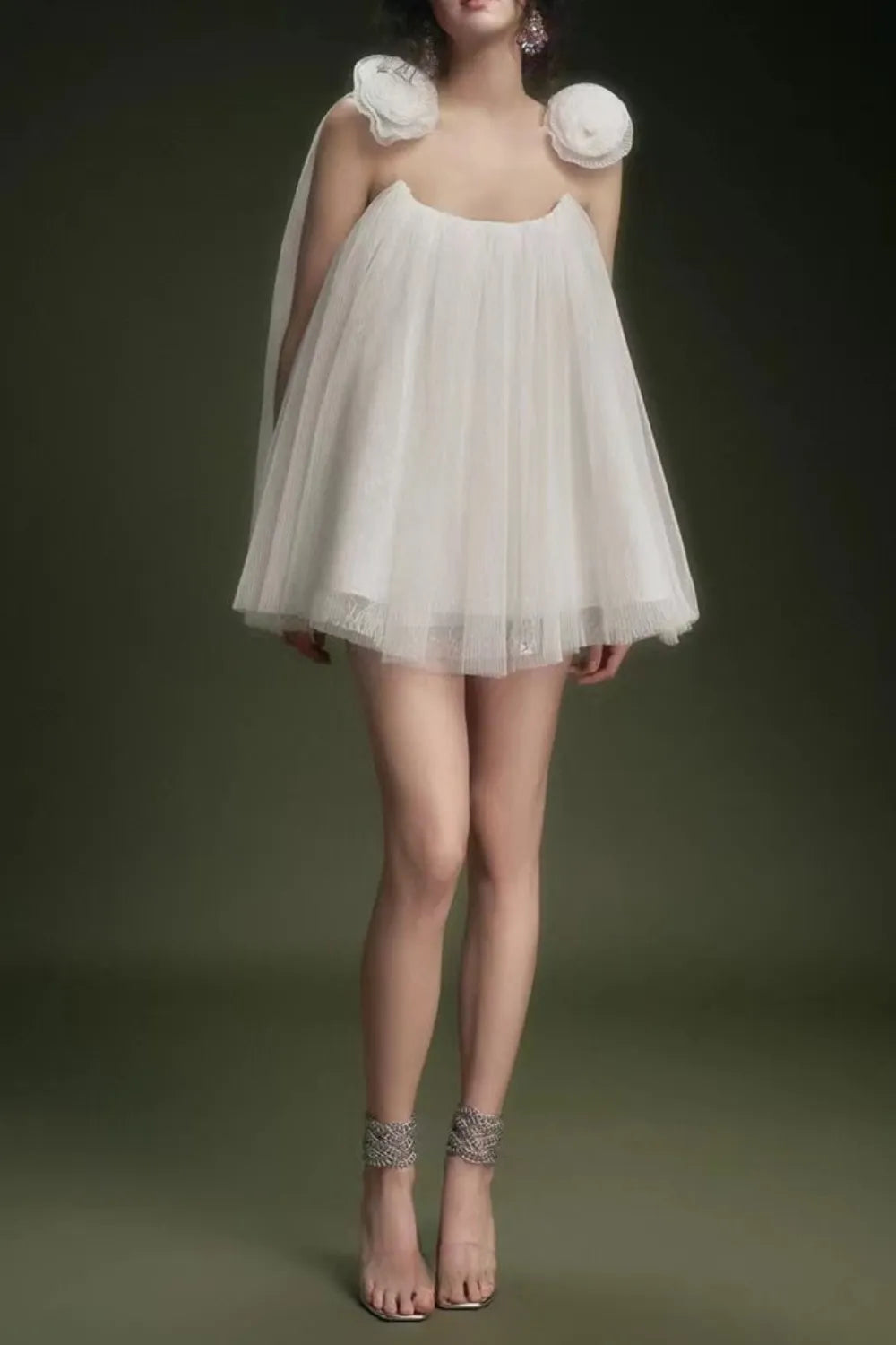 flower tulle strap mini dress in white Flowering Girl