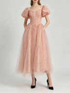 Mahlah Puff Sleeve Mesh Midi Dress Flowering Girl