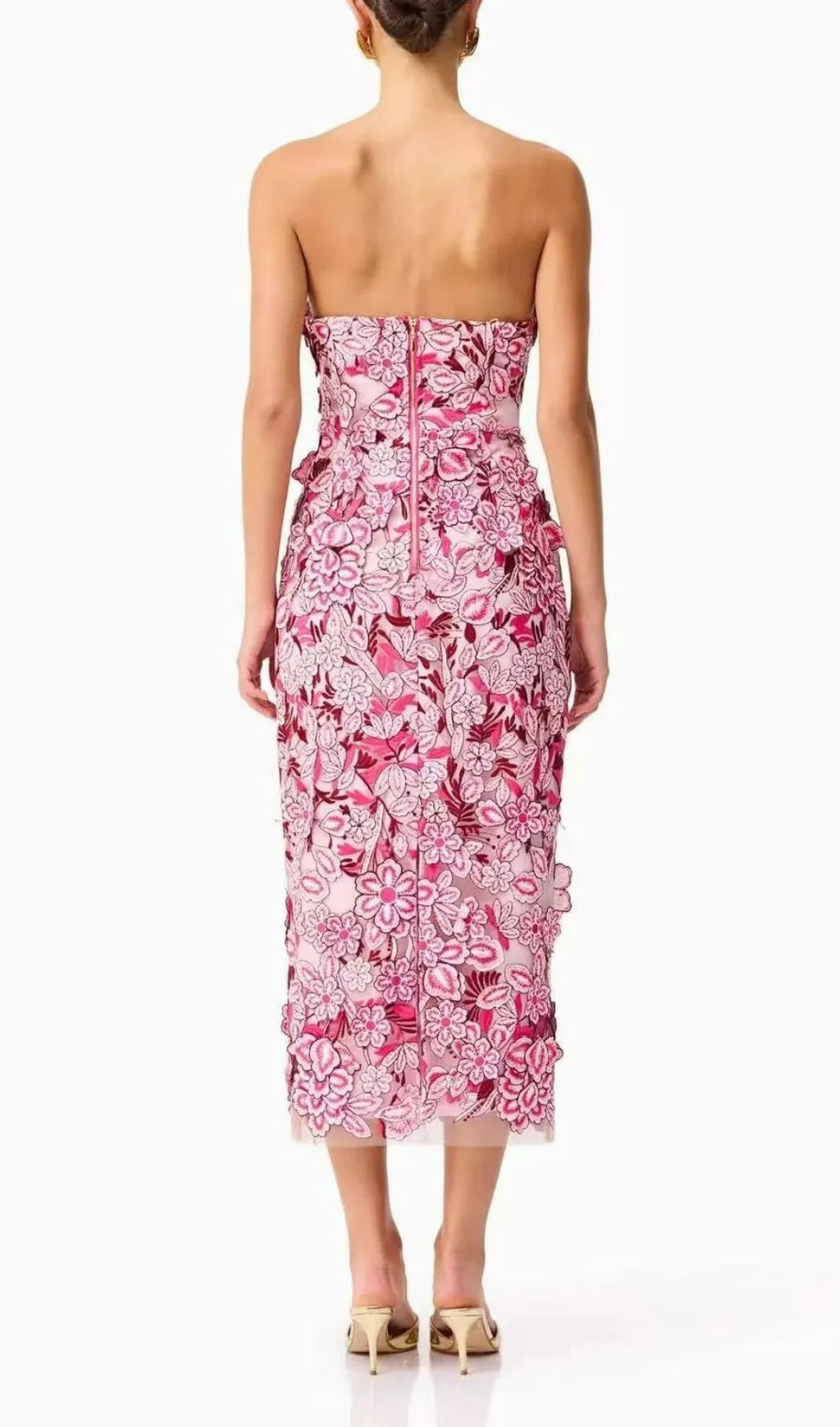 Larissa Pink Strapless Flower Embroidery Midi Dress Flowering Girl