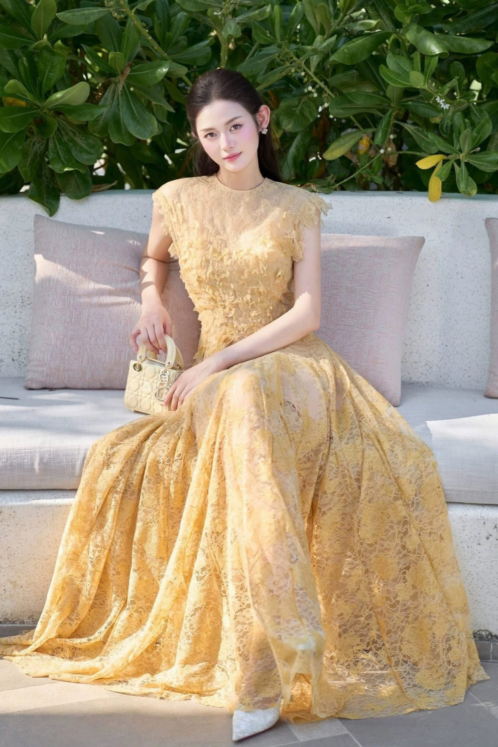 Jennifer Lace Flower Embellished Maxi Dress In Yellow Flowering Girl
