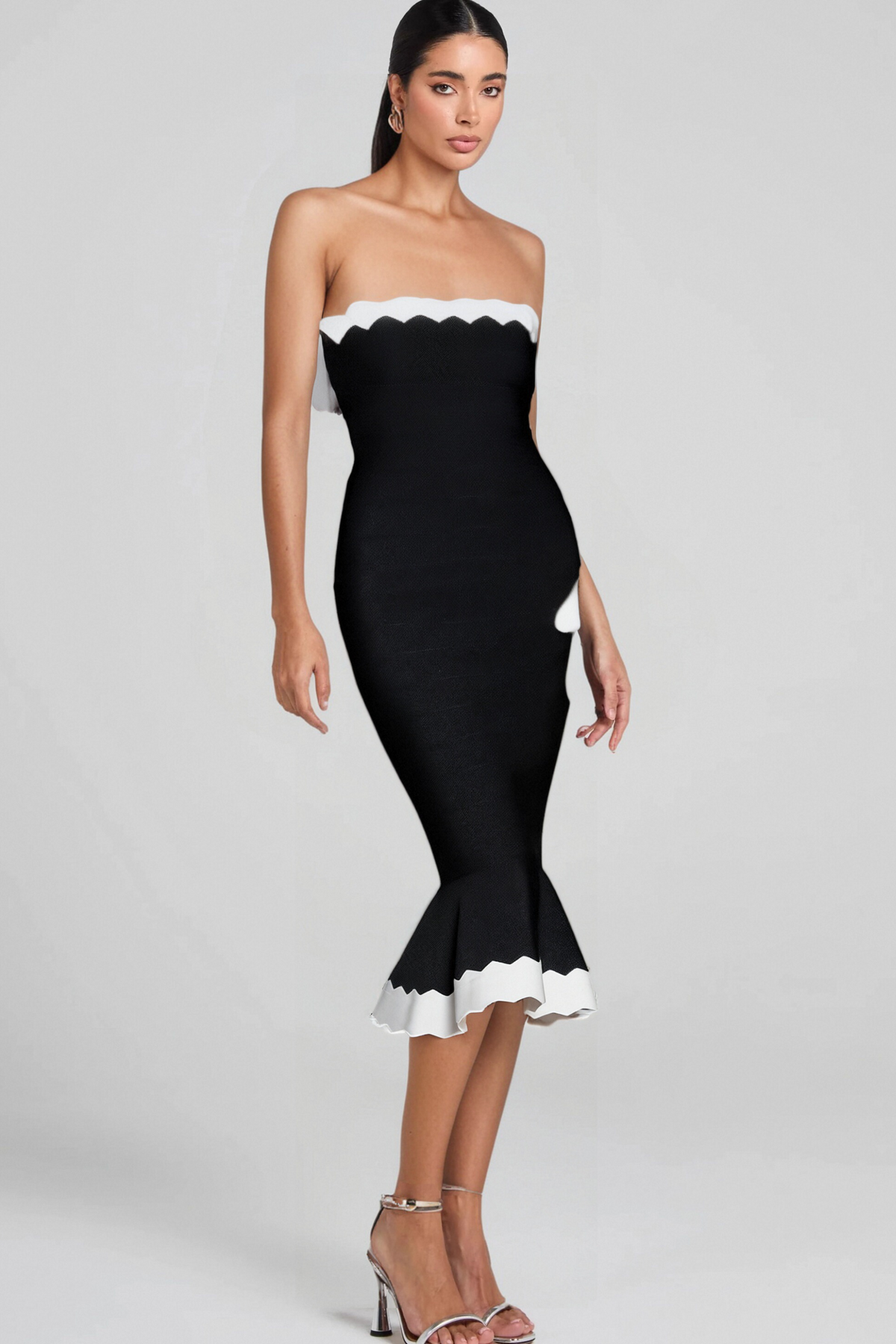 Strapless Bandage Bodycon Midi Dress In Black Flowering Girl
