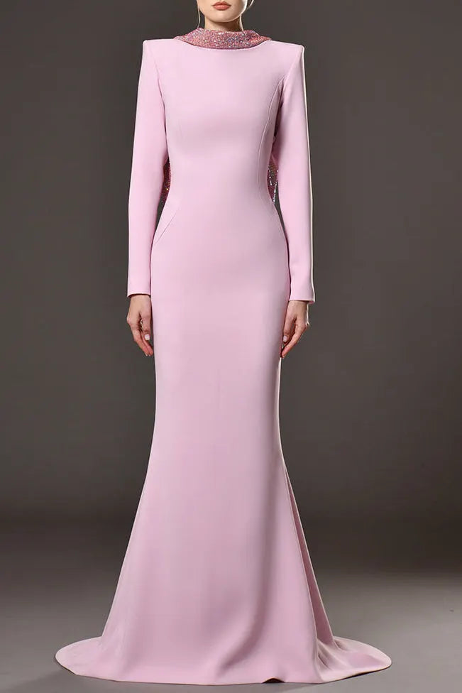 Violet Pink Crêpe Maxi Dress With Crystal Chainmail Flower Flowering Girl