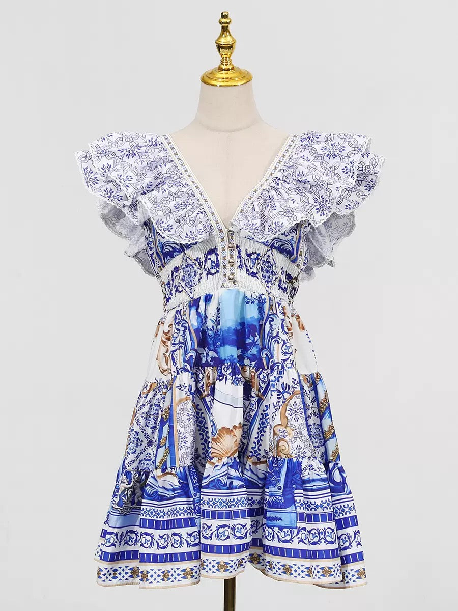 Printed Plunge Neck Mini Dress Flowering Girl