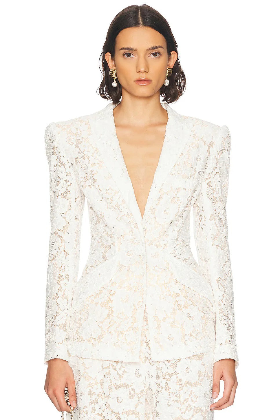 Elvira v-Neck Lace Blazer Set In White Flowering Girl
