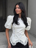 White Irregular Hem Lace Patchwork Puff Sleeves Short Sleeve Shirt Flowering Girl