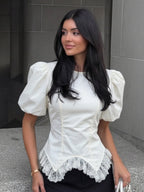 White Irregular Hem Lace Patchwork Puff Sleeves Short Sleeve Shirt Flowering Girl