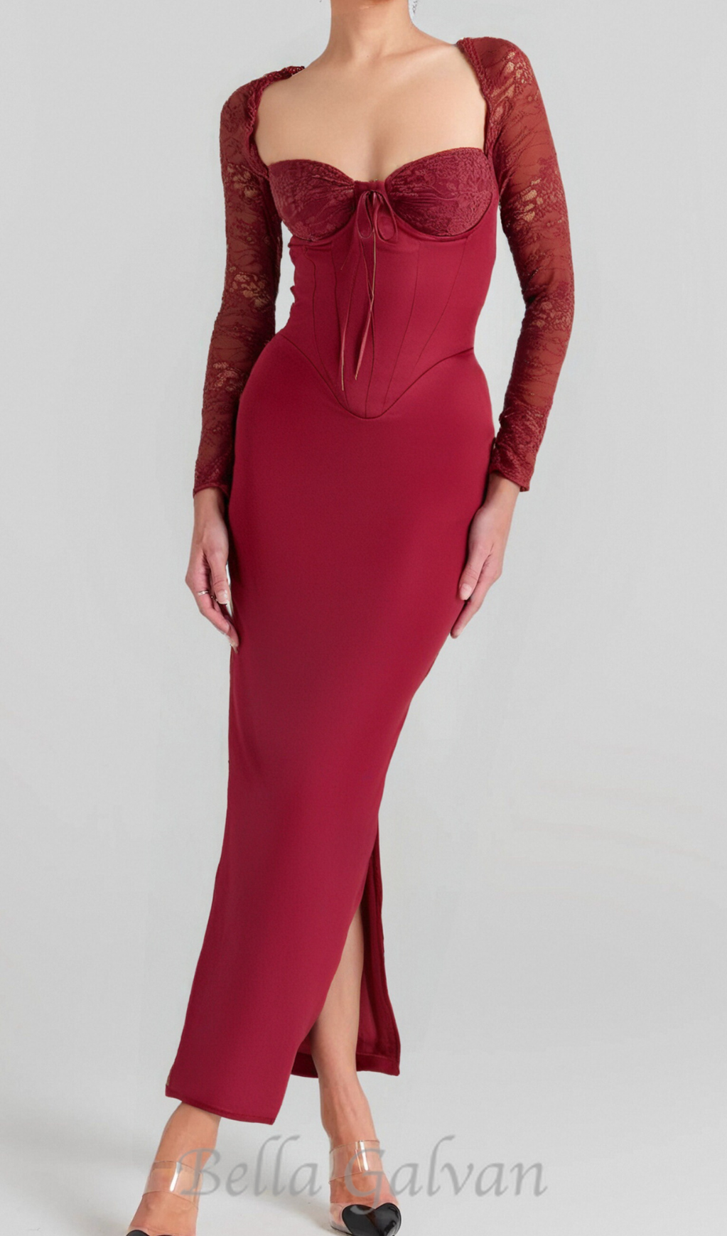 satin corset maxi dress in burgundy Flowering Girl