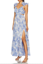 v -neck floral print cutout maxi dress in blue Flowering Girl