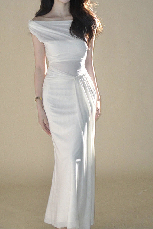 White Off-Shoulder Draped Maxi Dress Flowering Girl