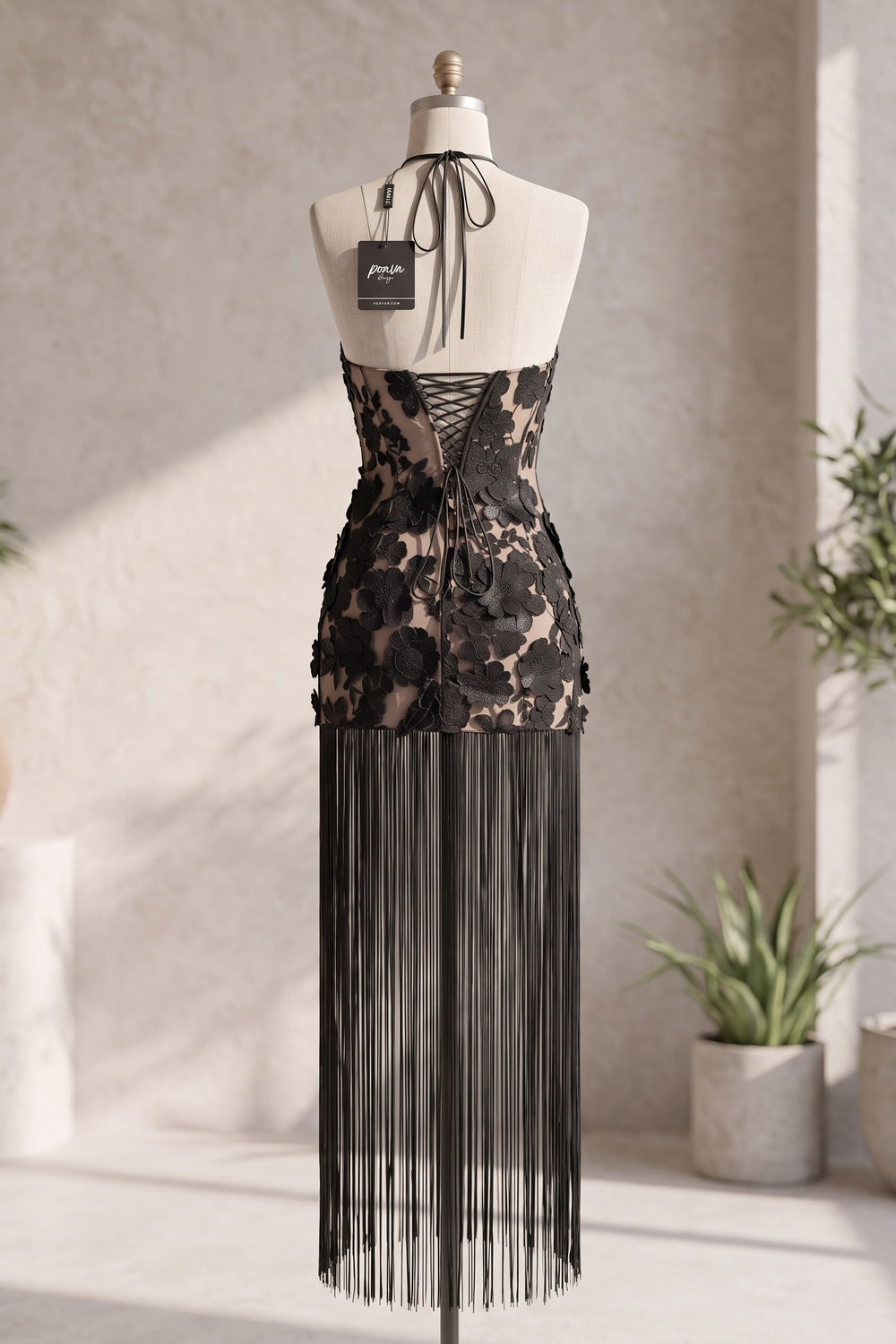 Black Floral Lace Applique Mesh Fitted Halter Mini Dress with Floor-Length Fringe Flowering Girl