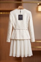 Off-White Tweed Skirt Suit Set with Peplum Jacket and Pleated Mini Skirt Flowering Girl