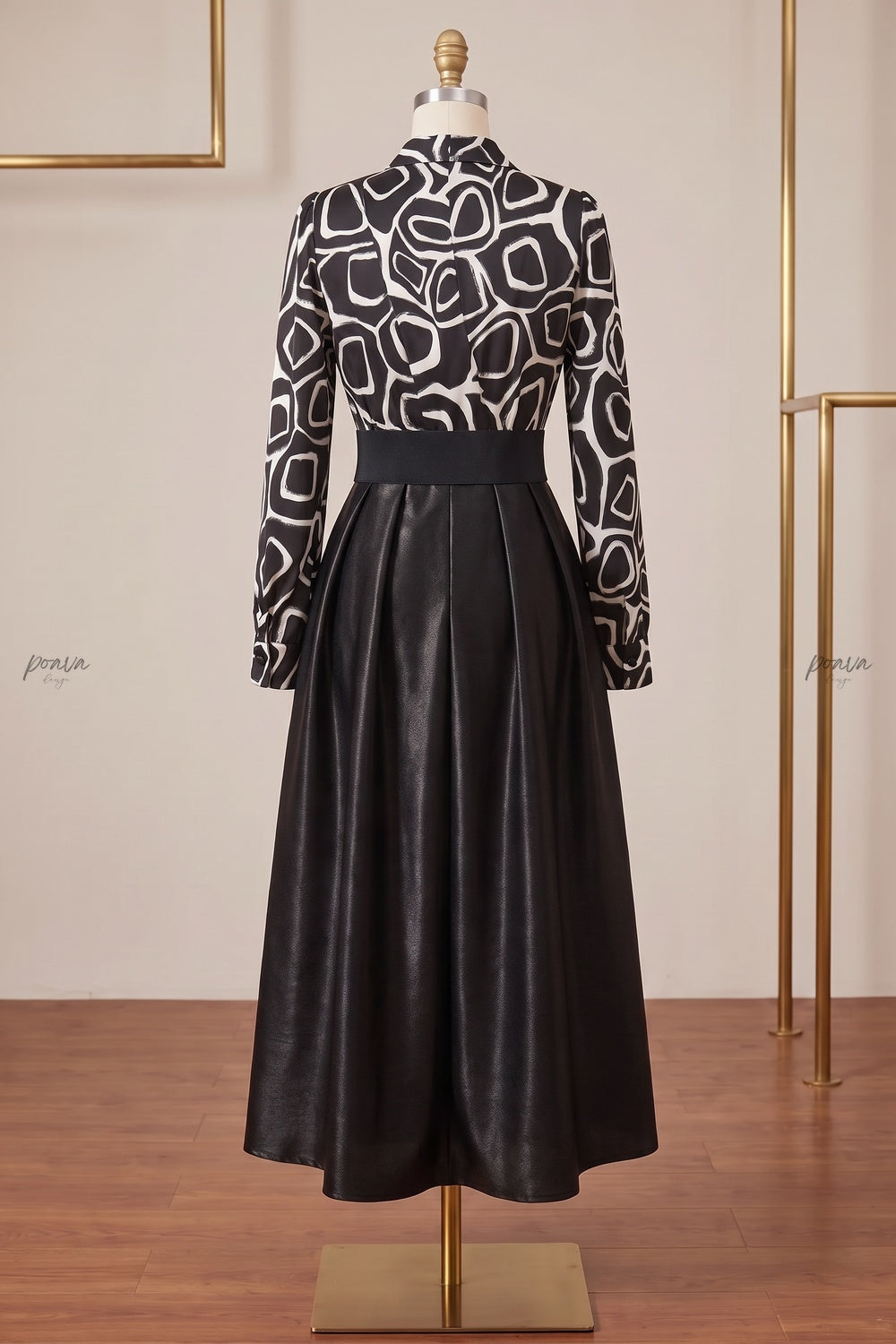 Black Satin-Finish Woven Fabric A-Line Mock Two-Piece Midi Dress Flowering Girl