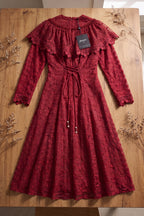 Deep Red Embroidered Floral Lace A-Line Midi Dress Flowering Girl