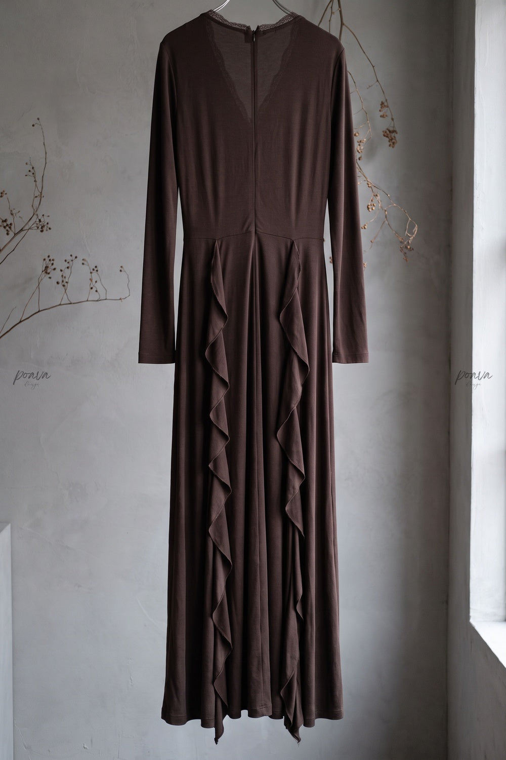 Dark Brown A-Line Maxi Dress with Lace Trim V-Neck and Cascading Ruffles Flowering Girl