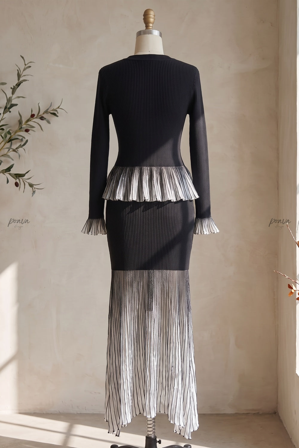 Black Ribbed Knit Two-Piece Set with Metallic Pleated Peplum Flowering Girl