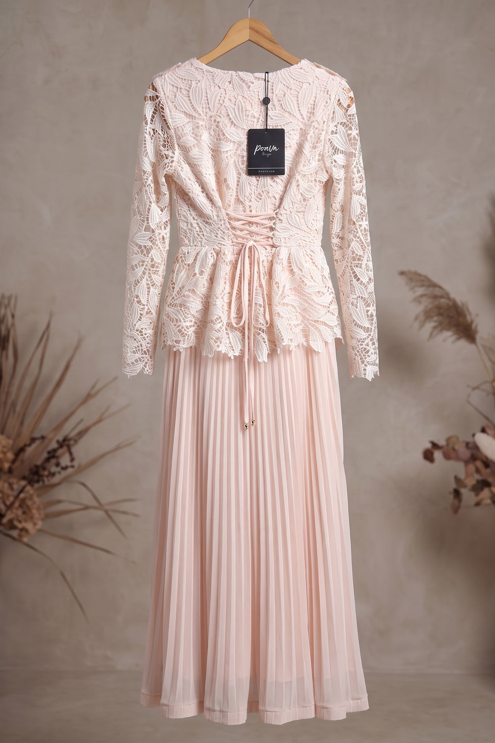 Pale Blush Pink Lace Fitted Peplum Top with A-Line Maxi Skirt Two-Piece Set Flowering Girl