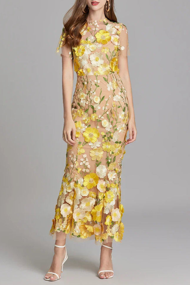 Floral Embroidery Mesh Fishtail Midi Dress In Yellow Flowering Girl