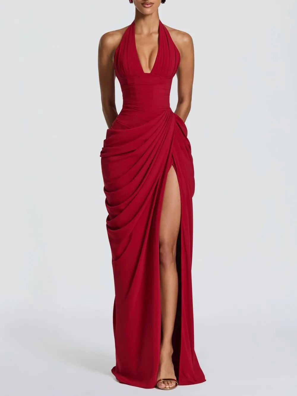 Maha Red Halter Corset Ruched Maxi Dress Flowering Girl