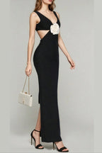 Flower V-Neck Hollow Out Maxi Dress In Black Flowering Girl