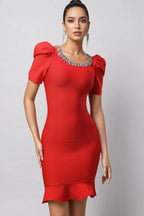 Oanna Red Short Sleeve Rhinestone Bandage Mini Dress Flowering Girl