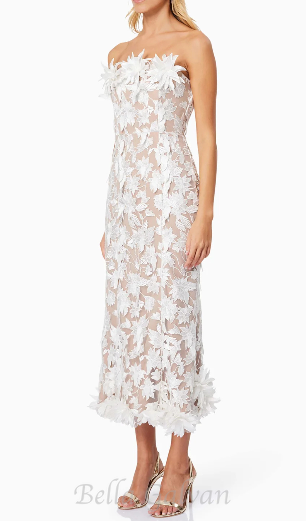 3D flower embroidery strapless midi dress in beige Flowering Girl