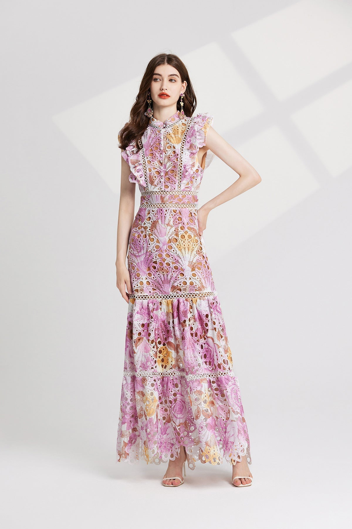 chloe hollow out flower embroidery maxi dress in pink purple Flowering Girl