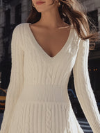 Cozy Cable Knit Sweater Dress With V-Neck And Flare Hem Flowering Girl