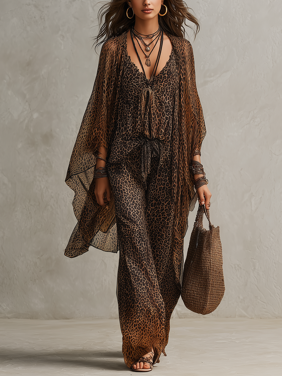Bohemian Gradient Leopard Print Flowing Robe Three-piece Set Flowering Girl