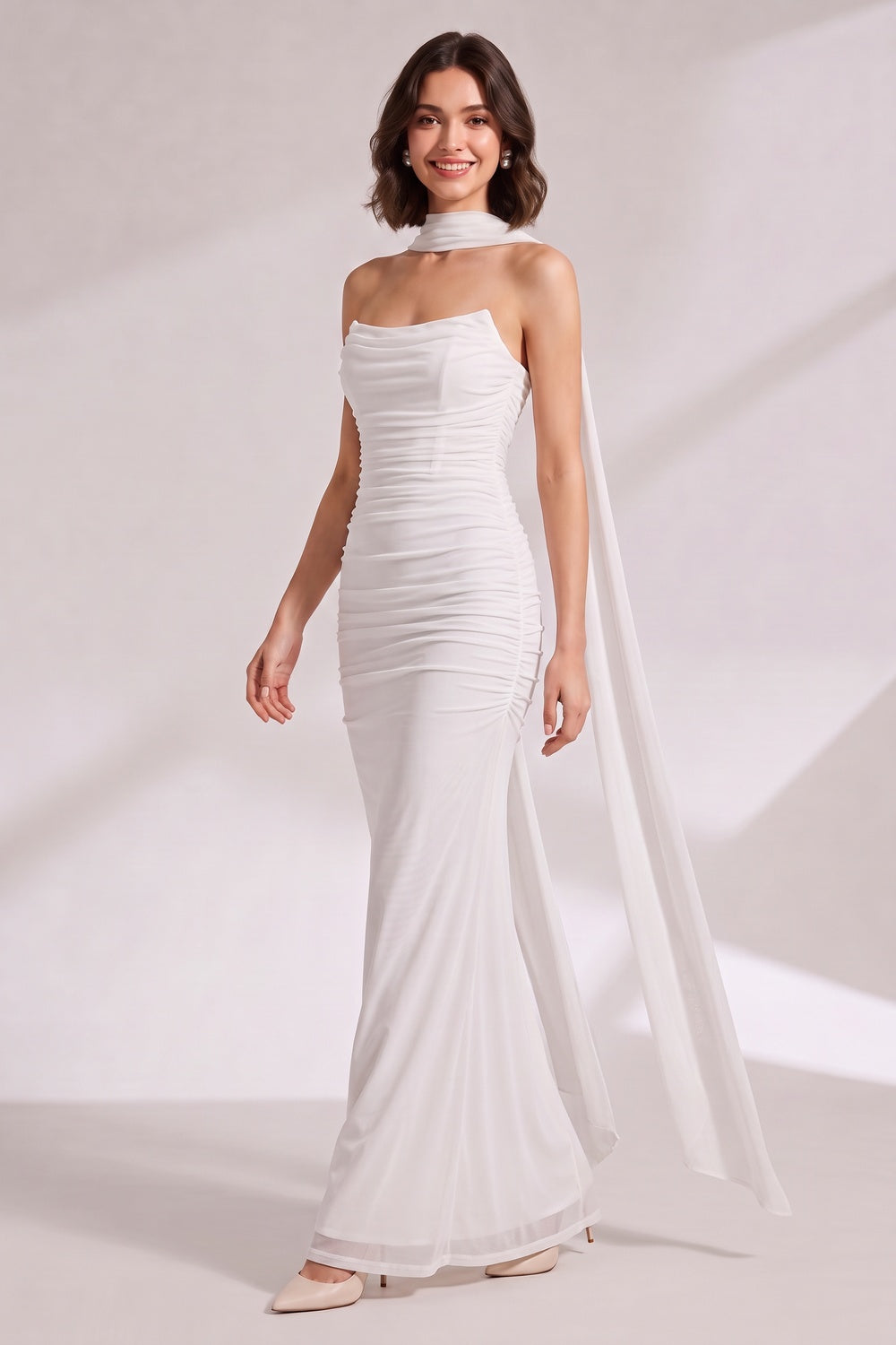 White Ruched Mesh Fitted Column Evening Gown Flowering Girl