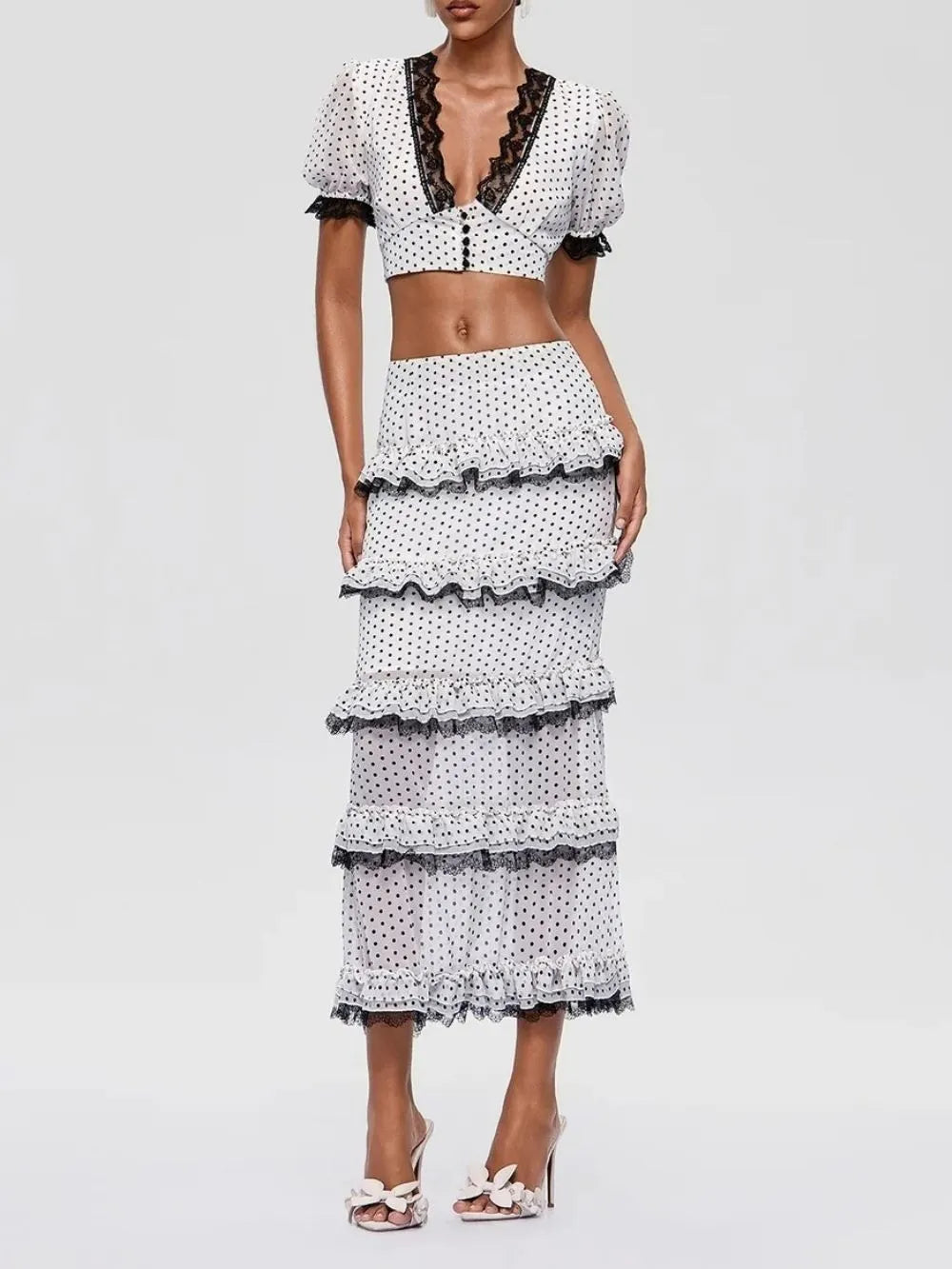 Franny V Neck Lace Ruffle Dot Skirt Set Flowering Girl
