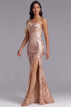 Rose Gold Sequin Maxi Gown with Tulle Shoulder Detail Flowering Girl