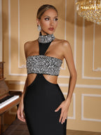 Gwendolyn Crystal Halter Cut Out Maxi Dress In Black Flowering Girl