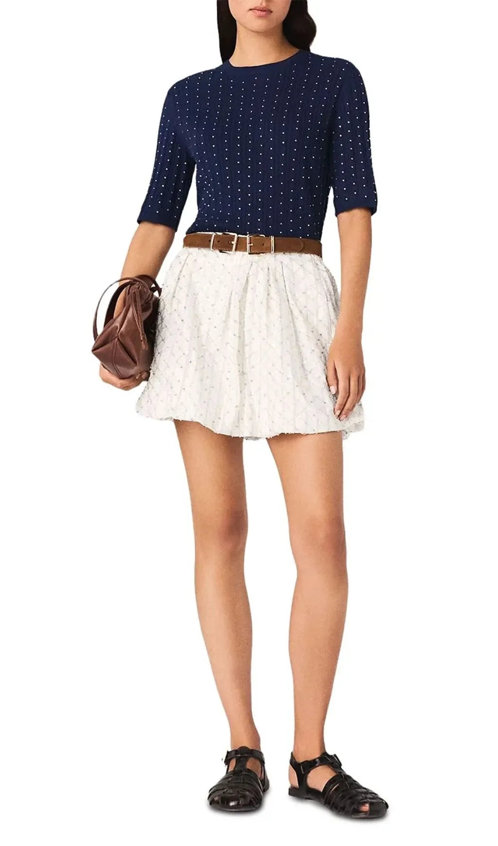 Round Neck Rhinestone Sweater Flowering Girl