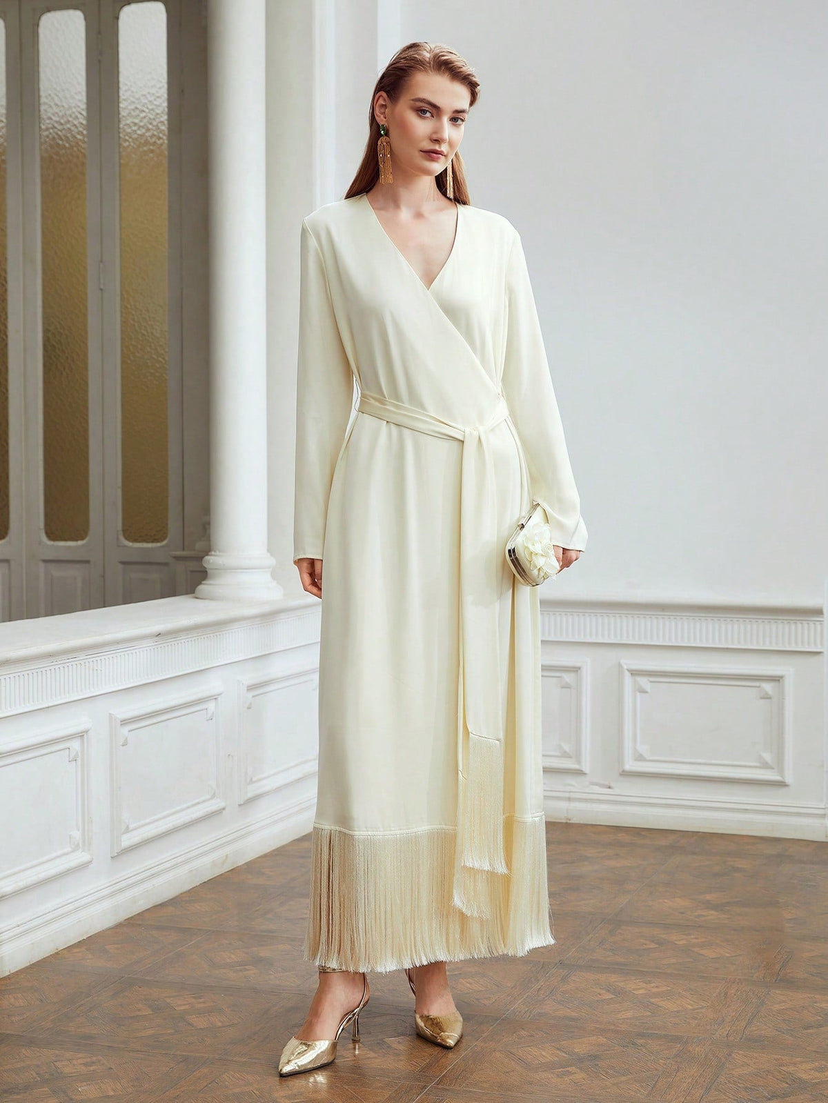 Belted Satin Fringe-Hem Dress Flowering Girl