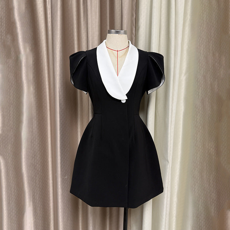 Aaliyah V-Neck a-Line Mini Dress In Black Flowering Girl