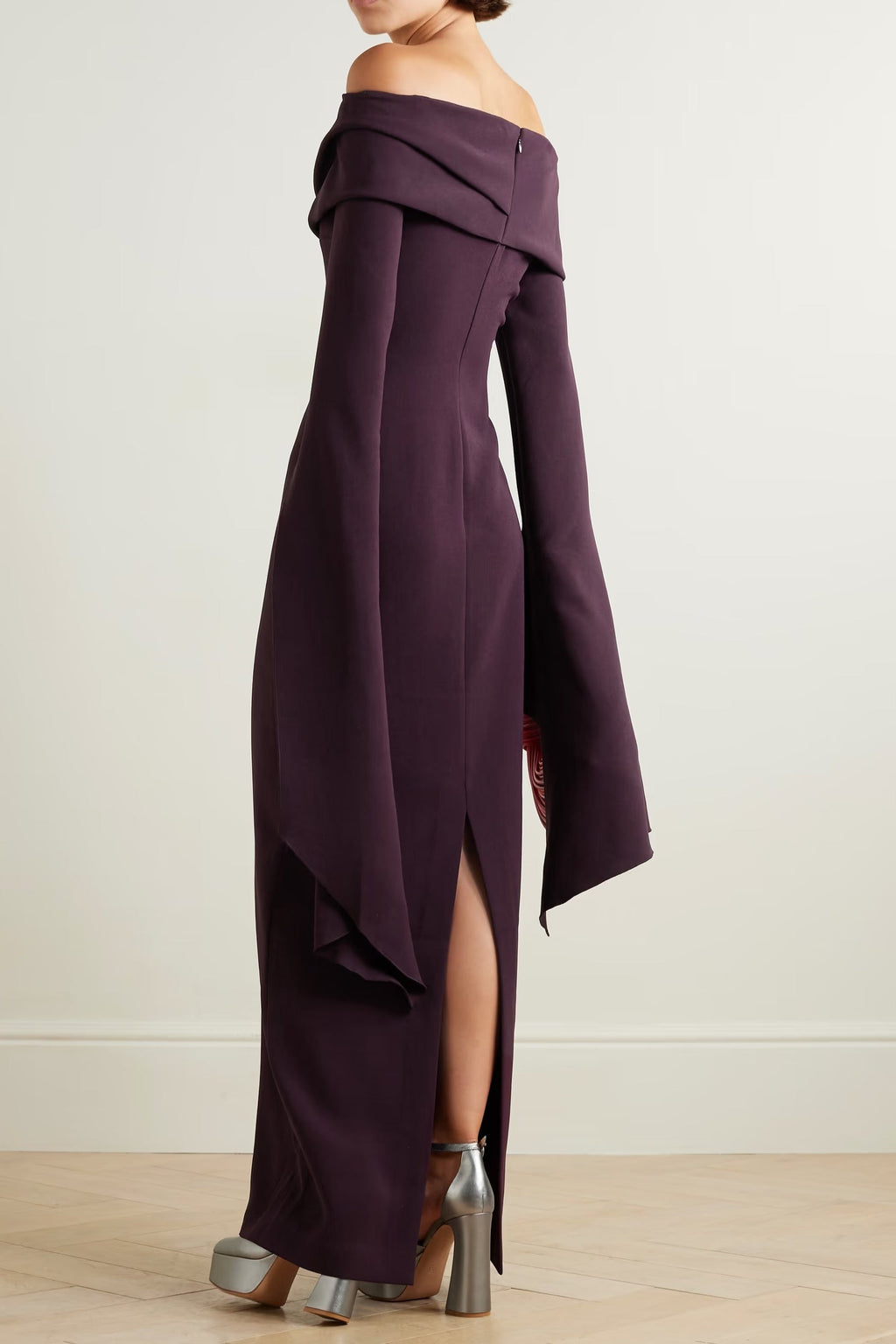 Draped Off-The-Shoulder Crepe Maxi Dress In Burgundy Flowering Girl