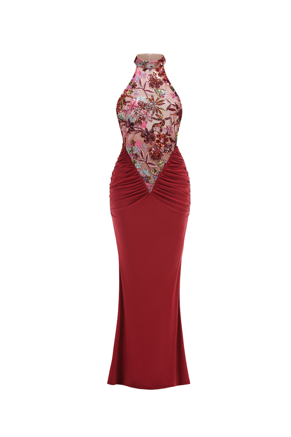 Tracy Sequin Embroidery Halter Maxi Dress In Red Flowering Girl