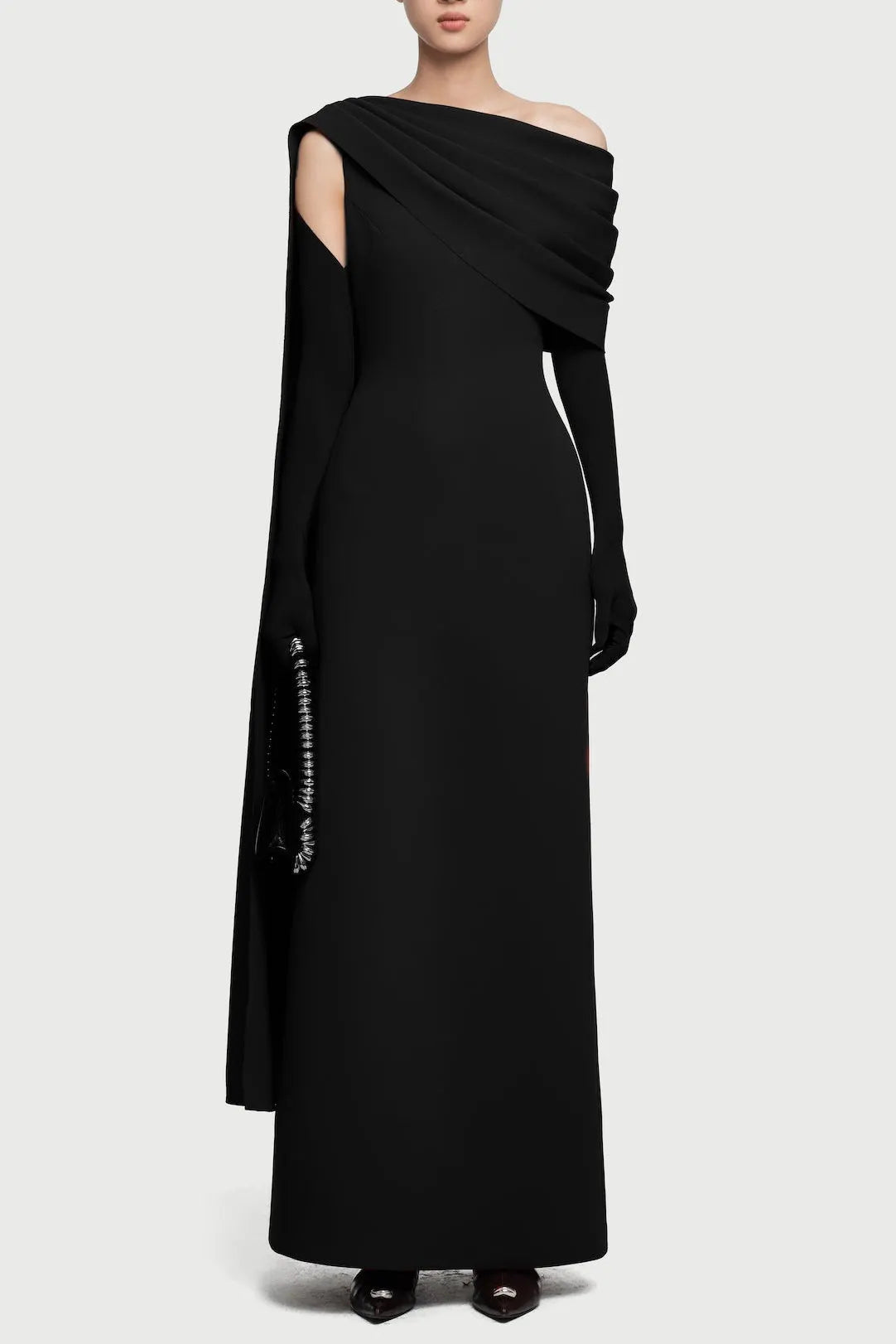 Sibyl One-Shoulder Asymmetrical Pleated Maxi Dress In Black Flowering Girl