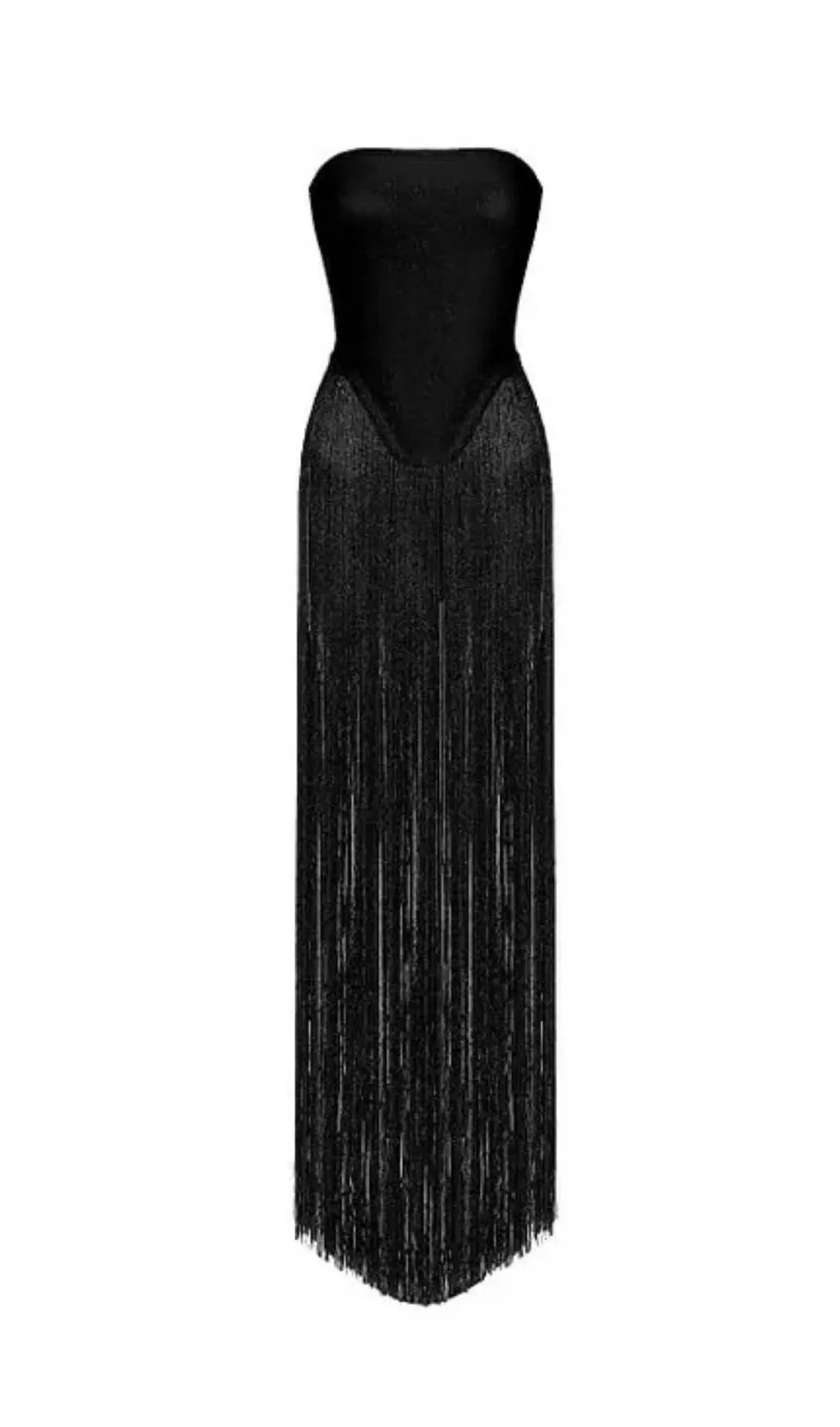 Helen Bodysuit Fringe Strapless Mini Dress In Black Flowering Girl