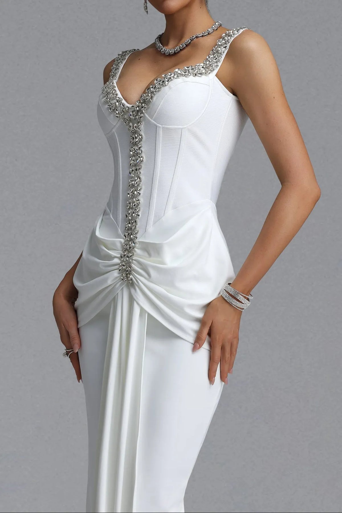 Rhinestone Trim Corset Draped Mermaid Maxi Dress Flowering Girl