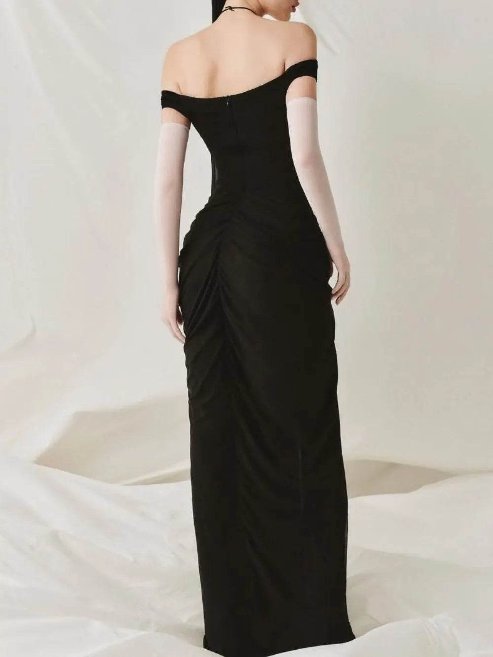 Draped Bardot Maxi Dress Black Flowering Girl